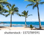 Beautiful prestine white sand beach with palm trees and turquoise water in the background on a sunny day. Shot near Paia, Maui Hawaii USA.