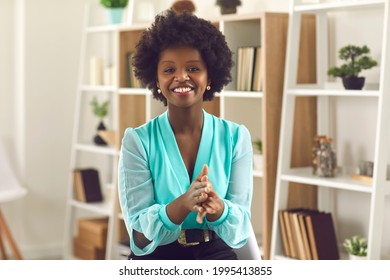 Beautiful Proud Woman Clapping Hands. One Black Lady Applauding Congratulating On Success Or Showing Gratitude For Videoconference Workshop She Enjoyed. Videocall Screen, Web Cam View Female Head Shot