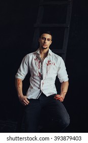 Beautiful Pumped Man In White   Shirt With Blood Posing Over A Black Background,The Vampire Diaries,, A Fashionable Toning, Creative Color 