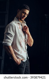 Beautiful Pumped Man In White   Shirt With Blood Posing Over A Black Background,The Vampire Diaries,, A Fashionable Toning, Creative Color 