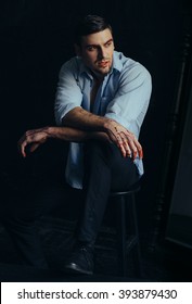 Beautiful Pumped Man In White   Shirt With Blood Posing Over A Black Background,The Vampire Diaries,, A Fashionable Toning, Creative Color 