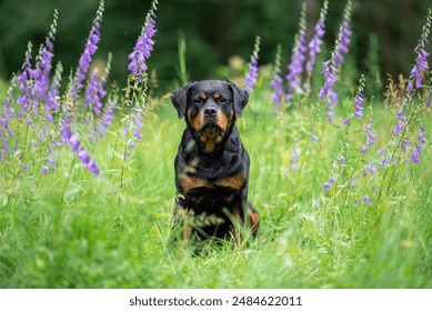 Beautiful purebred rottweiler posing outdoor with Bluebell (Campanula latifolia), blurred and calm green background, summer colors. Close up pet portrait - Powered by Shutterstock