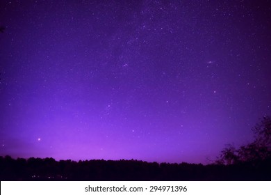 Beautiful Purple Night Sky With Many Stars Above The Forest. Milkyway Space Background