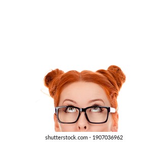 Beautiful puzzled woman in her 30s, looking upwards. Isolated on pure white background. Closeup portrait of a beautiful girl face above nose - Shutterstock ID 1907036962