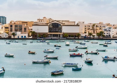 Beautiful Quay With Historic Architecture And Boats On Blue Water In Arrecife, Lanzarote, Canary Islands, Spain