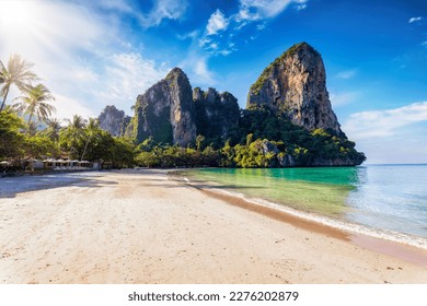 The beautiful Railay Beach and Krabi, Thailand, in the quiet morning time without people and boats
