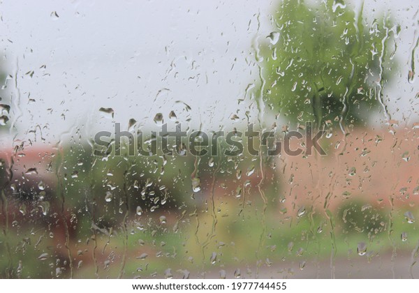 Beautiful Rain Droplet on Car Glass Window\
during the rainy day outside window glass windshield with blurred\
green nature background flow down on surface rain season concept\
wet overlaying\
transparent