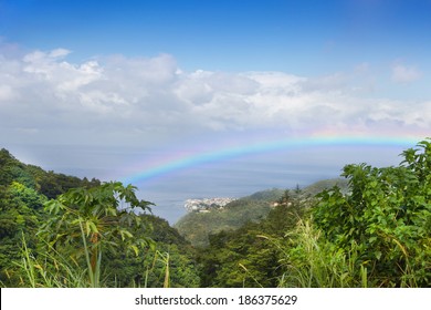 Beautiful Rainbow Over The Rainforest At The Island Dominican Republic. 