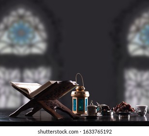 Beautiful Ramadan Background With Dates Lantern And Holy Quran On Wooden Stand