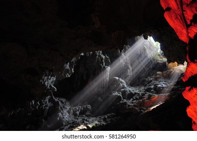 beautiful rays of light in the cave