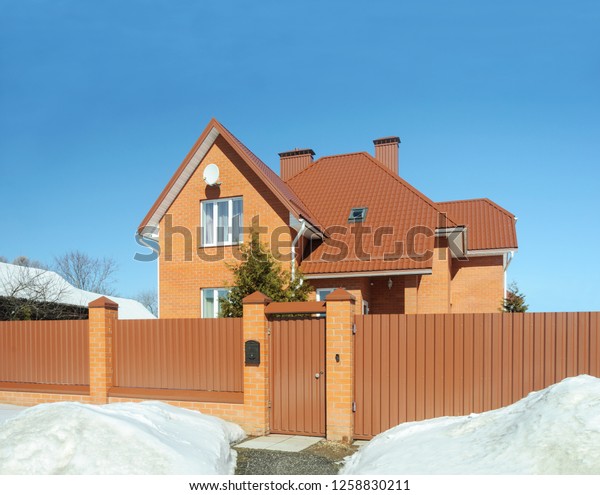 Beautiful Red Brick Cottage Big Snowdrift Stock Photo Edit Now