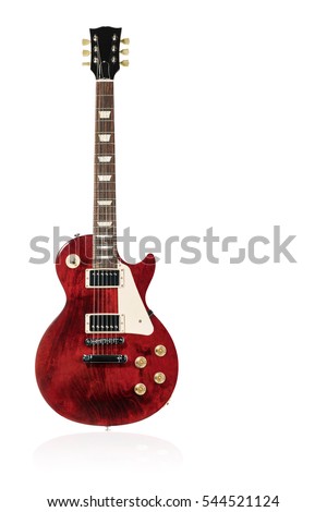 Beautiful red electric guitar with reflection isolated on white background