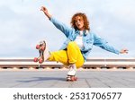 Beautiful red haired young woman with rollerskates having fun outdoors - Pretty female teenager girl with unique style riding on roller skates in the city