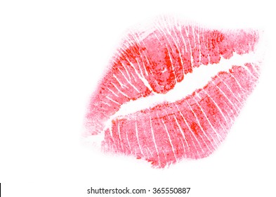 Beautiful Red Lip Mark On White Background.