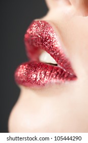 Beautiful Red Lips Close Up Of Shiny Lips Creative Make Up