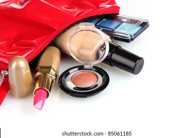 Beautiful Red Makeup Bag And Cosmetics Isolated On White