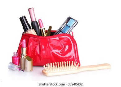 Beautiful Red Makeup Bag And Cosmetics Isolated On White