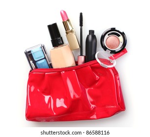 Beautiful Red Makeup Bag And Cosmetics Isolated On White