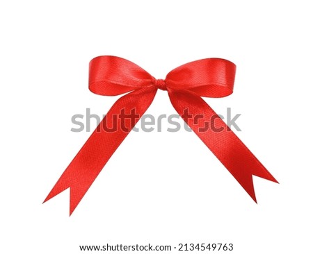 Beautiful red ribbon tied in bow isolated on white, top view