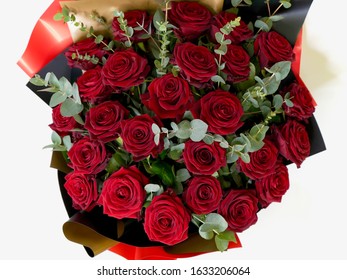 Beautiful Red Rose Bouqet. Flower Composition For Valentines Day Isolated