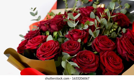 Beautiful Red Rose Bouqet. Flower Composition For Valentines Day Isolated