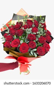 Beautiful Red Rose Bouqet. Flower Composition For Valentines Day Isolated