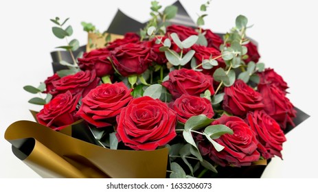 Beautiful Red Rose Bouqet. Flower Composition For Valentines Day Isolated