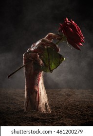 Beautiful Red Rose In Dirty Male Hand With Blood