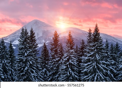 Beautiful Red Sunset In Winter Mountain