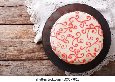 Beautiful Red Velvet Cake Close Up On The Table. Horizontal View From Above
