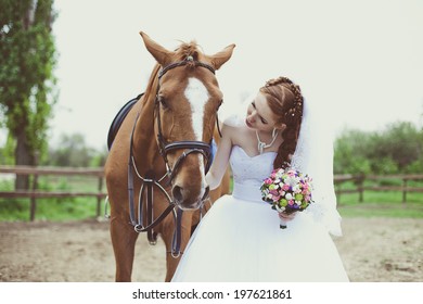 Beautiful Redhead Bride Talking With A Horse