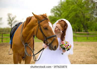 Beautiful Redhead Bride Talking With A Horse