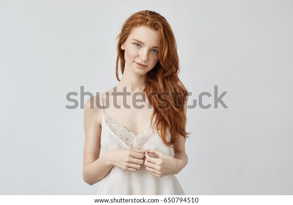 Beautiful Redhead Girl Smiling Looking Camera Stock Photo