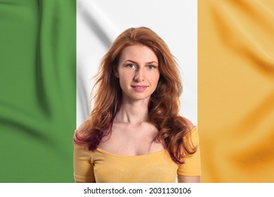 Beautiful Redhead Woman Against Irish Flag