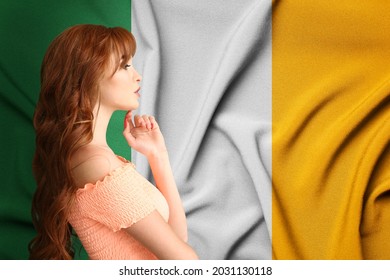 Beautiful Redhead Woman Against Irish Flag