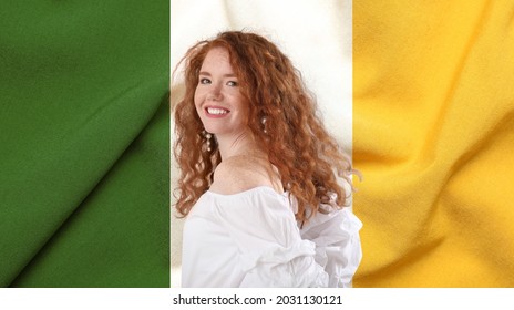 Beautiful Redhead Woman Against Irish Flag