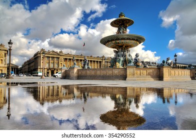 Beautiful Reflection Of The Fountain At Place De La Concorde In Paris, France