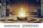 Beautiful Relaxed Caucasian Woman In Lotus Position Meditating In Zenlike Openair Space. Edited Visualization Of Bright Energy Accumulating In Her Stomach. Yoga Practice, Spirituality, And Mindfulness