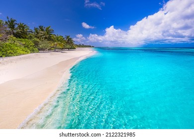 Beautiful, relaxing outdoor landscape of tropical island beach. Palm trees over blue azure ocean lagoon. Exotic traveling destination, summer vacation, beach seaside. Colorful nature sea sand sky view - Shutterstock ID 2122321985
