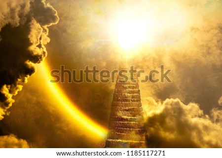 Beautiful religious background - stairs to heaven, bright light from heaven, stairway leading up to skie