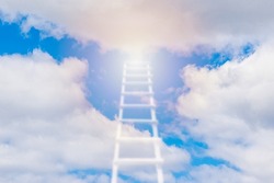 Beautiful Religious Background.Sunset Or Sunrise With Clouds,blurred Stairs To Heaven,bright Light From Heaven,stairway Leading Up To Skies Clouds.Light From Sky.Religion Concept.Blurred Soft Focus.