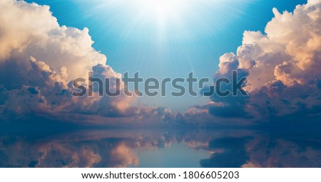 Beautiful religious image - bright light from heaven, light of hope and happyness from skies. 