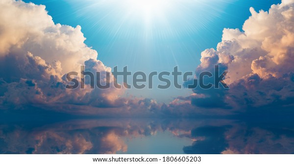 Beautiful religious image - bright\
light from heaven, light of hope and happyness from skies.\
