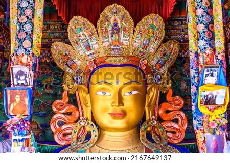 Beautiful and respectful golden buddha statue (Maitreya Buddha statue) in Thiksey monastery temple , Leh-Ladakh , India