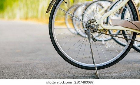 Beautiful retro bicycle parked on pathway in bamboo garden with blurred image of park in background. Beautiful vintage bicycle in bamboo forest. Bicycles on road with bamboo trees. Selective focus. - Powered by Shutterstock