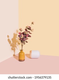 Beautiful Retro Orange Vase And White Stone Lamp. Timeless Aesthetic, Home Interior Decor Photography Style. Magazines Or Scandinavian Style.