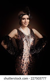 Beautiful Retro Woman From The Roaring 20s Ready To Party - Vintage Style Image Of A Flapper Girl 