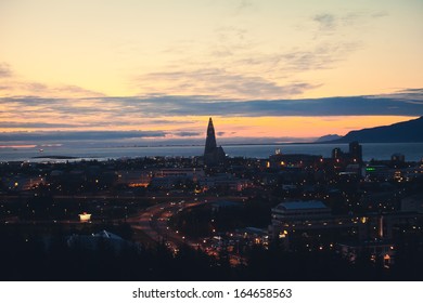 Beautiful Reykjavik Night View Panorama