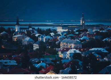 Beautiful Reykjavik Night View Panorama