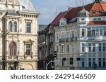 Beautiful, richly decorated tenement houses in the Neo-Renaissance style in the center of Bielsko-Biala. The capital of the Beskid Mountains. Poland